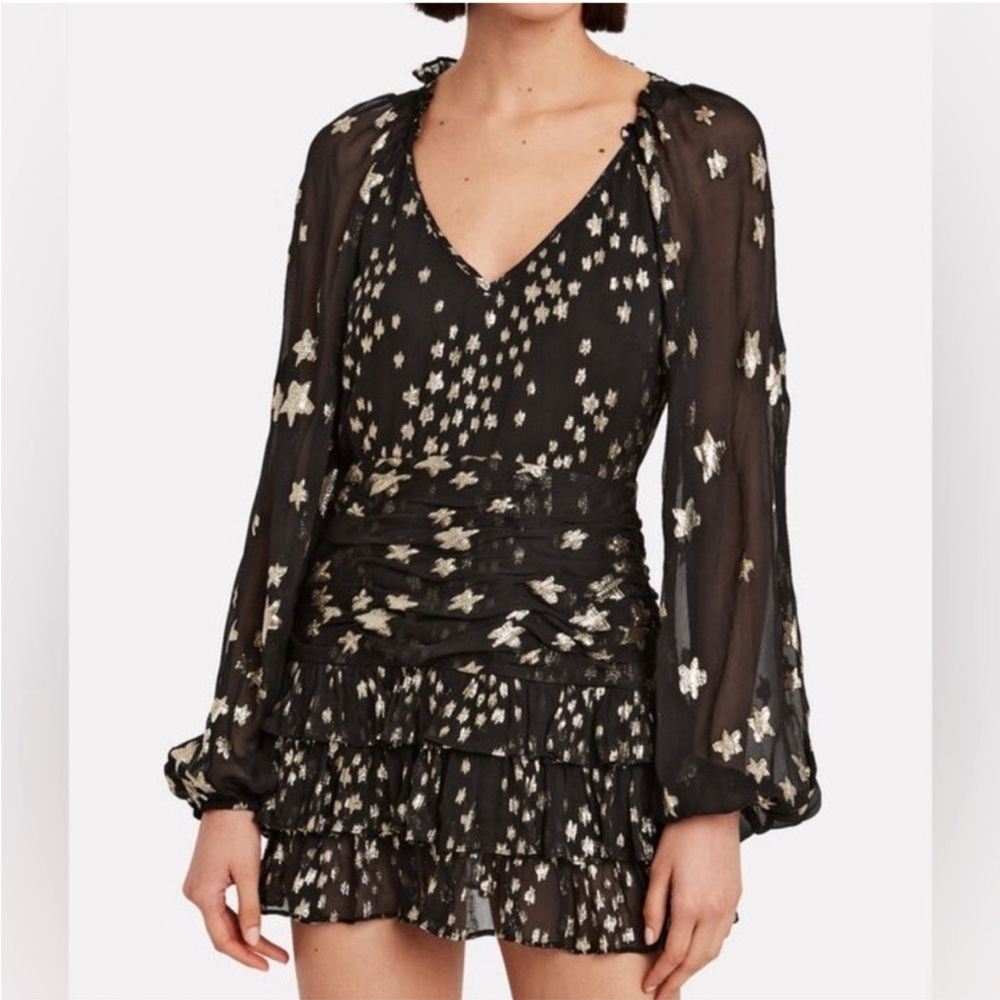 LoveShackFancy Rina Star Print Black and Gold Fil Coupé Mini Dress